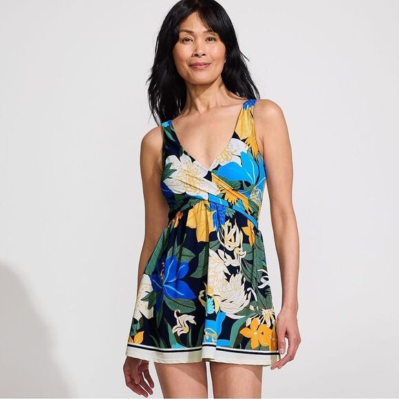 Land's End Slender Suit Wrap Dress soft cup Navy  floral Blooms Border size Var - Picture 1 of 9